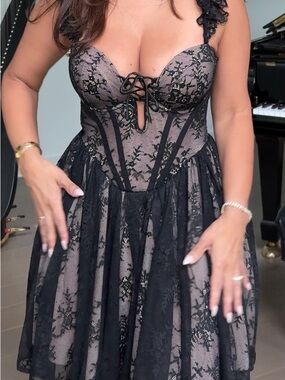 Strapless Black Lace Overlay Nude Corset Dress